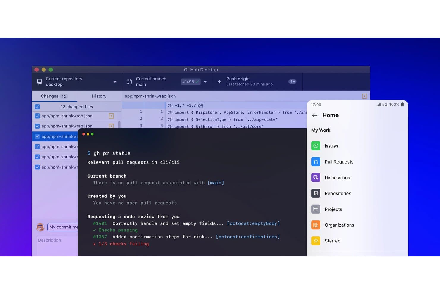GitHub Desktop, CLI-pääte, jossa näkyy vetopyynnön tila, sekä mobiilisovelluksen aloitusnäyttö.