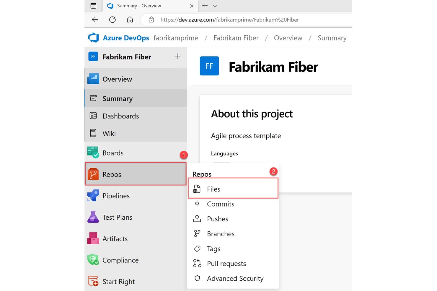 Azure DevOpsin sivupalkki, jossa Repos-valikko on laajennettu ja Tiedostot-vaihtoehto korostettu.