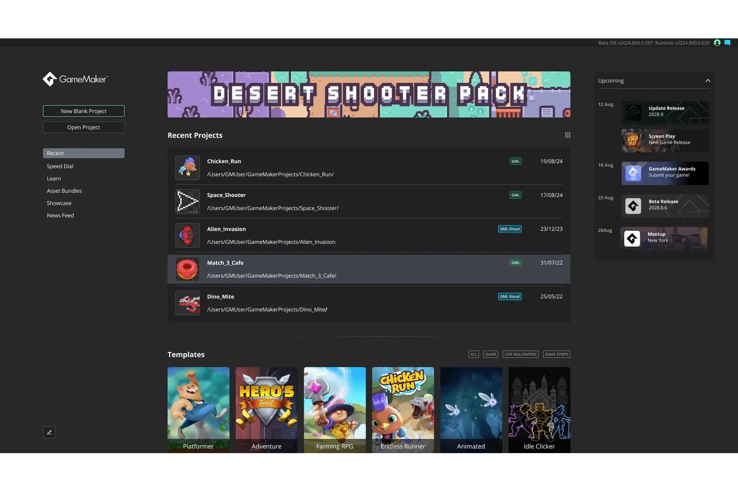 Pantalla de inicio del IDE de GameMaker que muestra una lista de proyectos recientes y plantillas de juegos.
