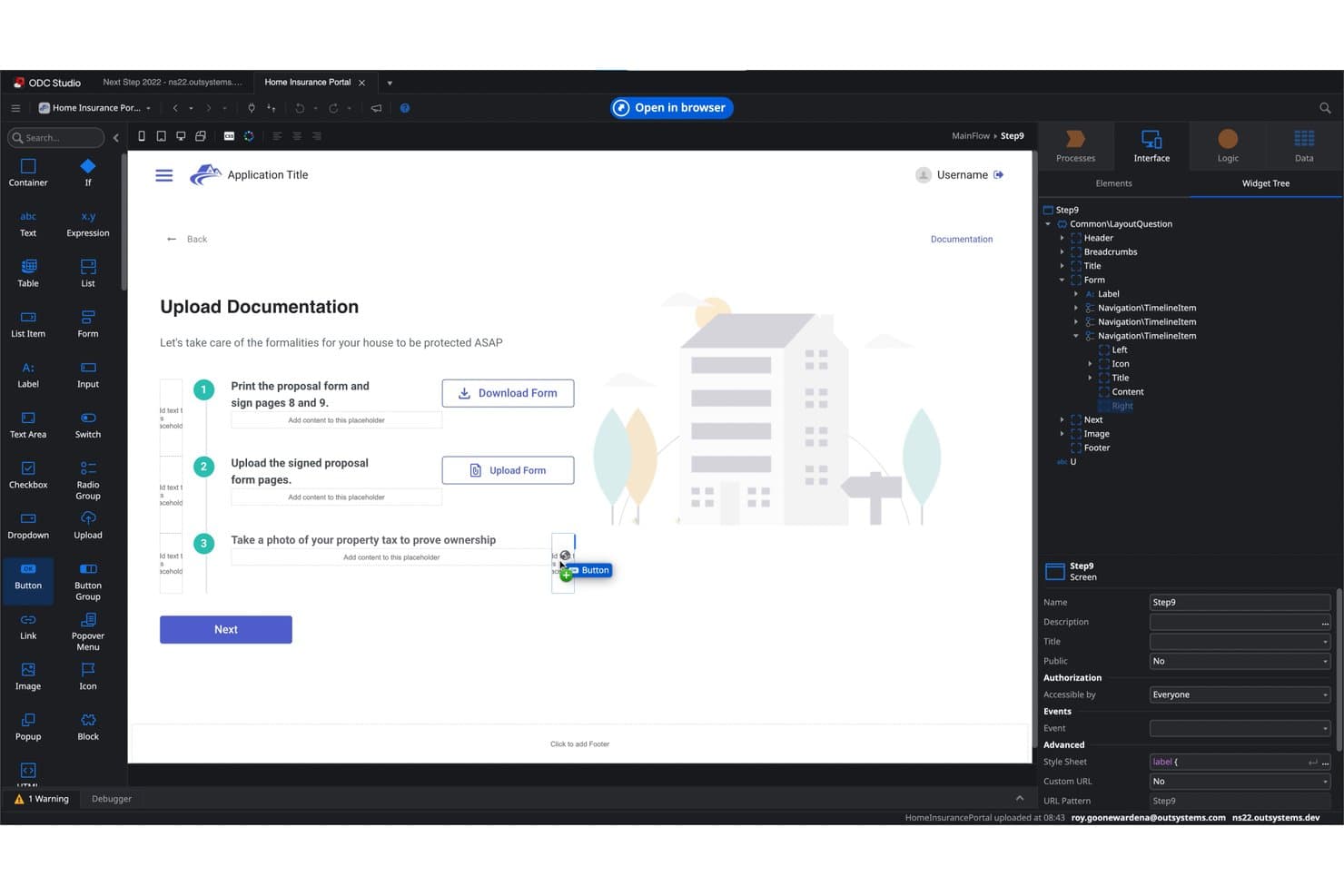 OutSystems ODC Studio, jossa näkyy kotivakuutuksen dokumenttien latausnäyttö lomakevaiheineen.