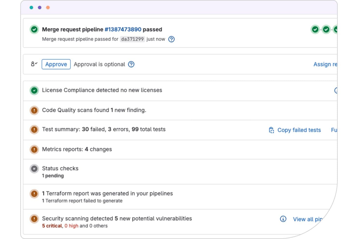 Pipeline de demande de fusion GitLab réussi, avec affichage des échecs de test, des vulnérabilités et des contrôles de conformité.