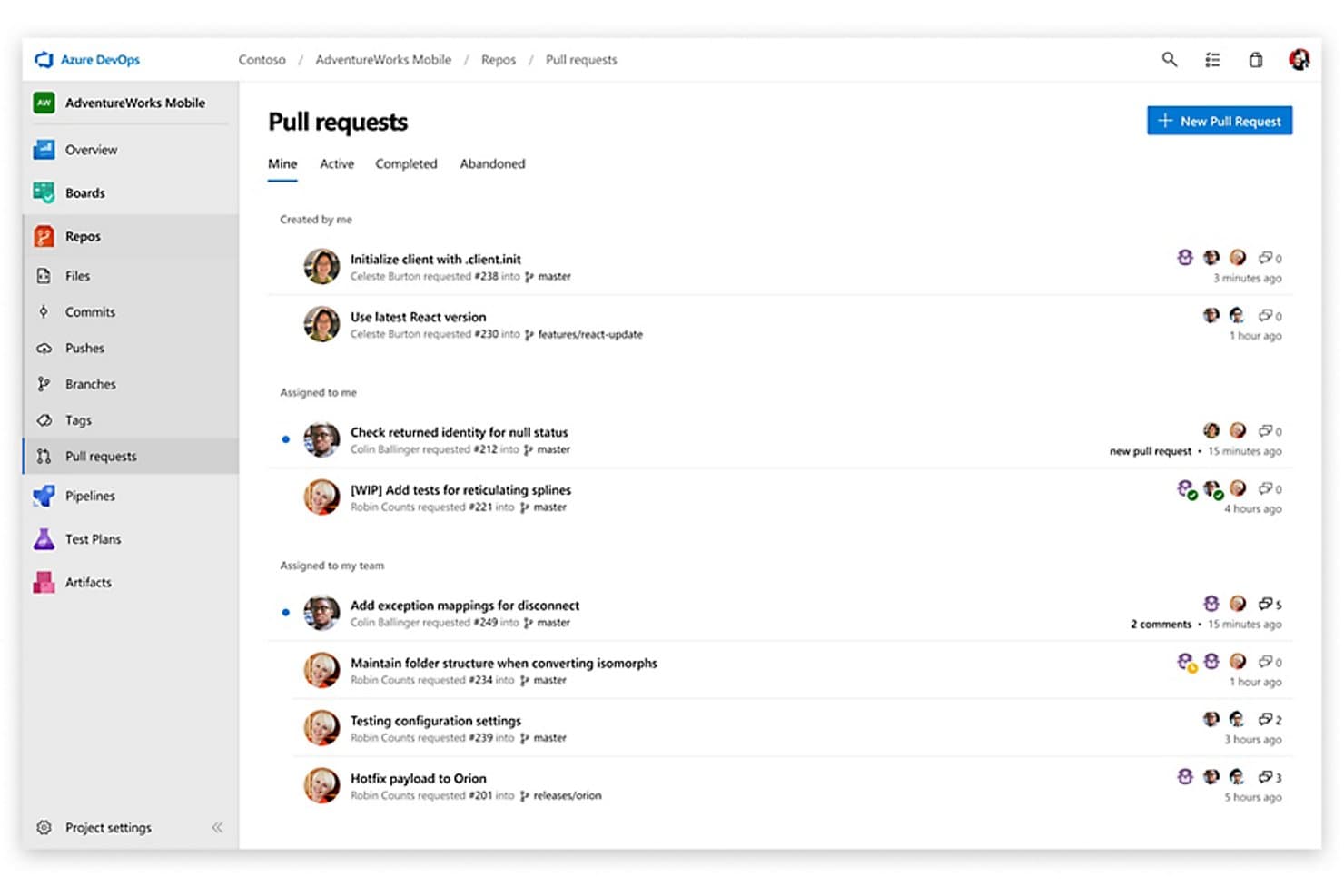 Tableau de bord des demandes de tirage Azure Repos affichant les demandes actives, les demandes personnelles et celles attribuées à l’équipe.