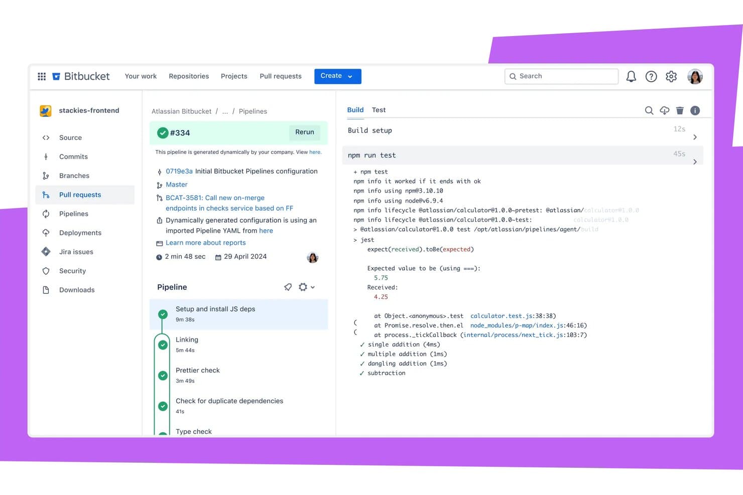 Journal de compilation Bitbucket Pipelines affichant un test Jest échoué avec les valeurs attendue et reçue.