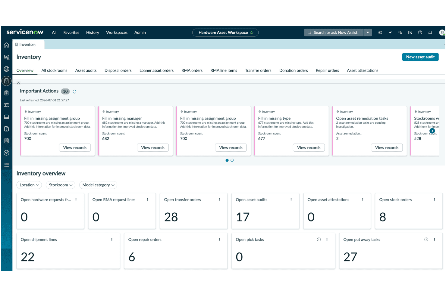 ServiceNow Laitteisto-omaisuuden työtila -varaston yleiskatsauksen koontinäyttö, jossa on toimintokortteja ja mittareita.