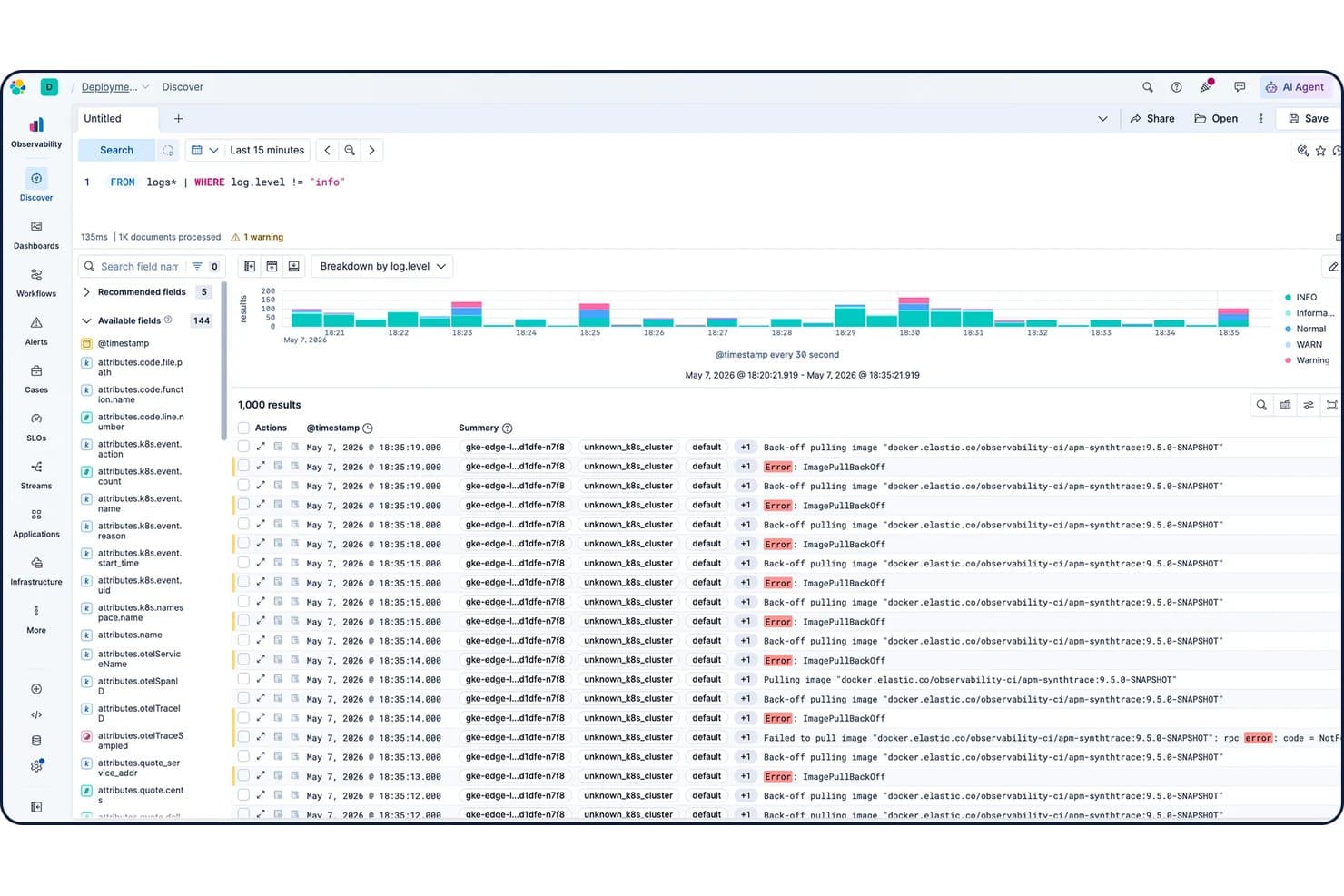 Elastic Observabilityn Discover-näkymä, jossa näkyy lokien virherivejä ja ImagePullBackOff-viestejä.