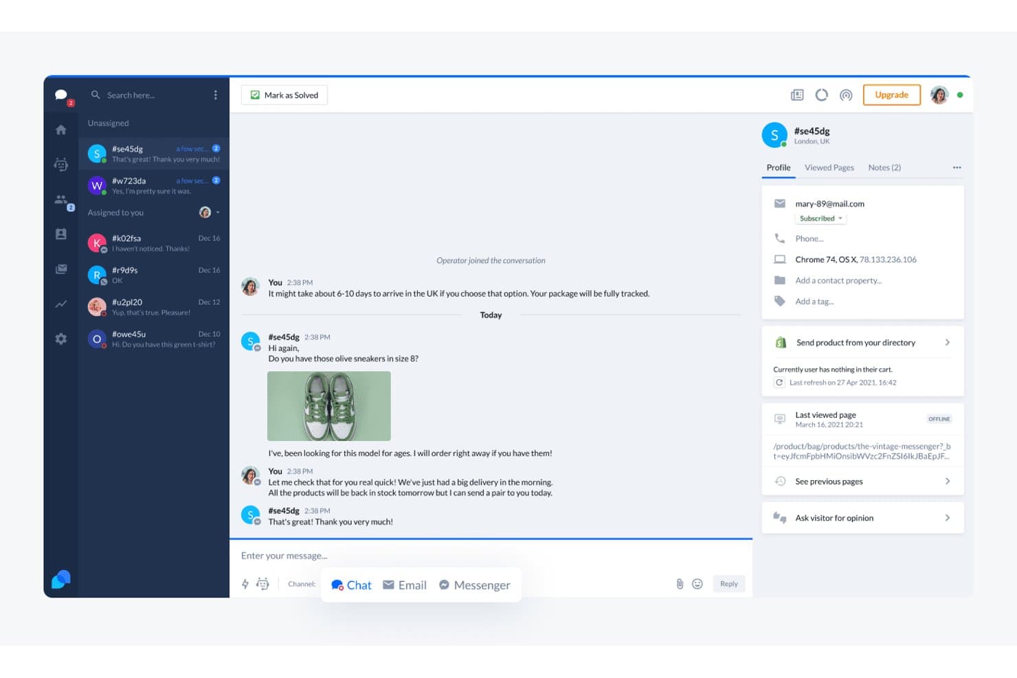 Tidion live-chat-käyttöliittymä, jossa näkyvät asiakaskeskustelu, profiilipaneeli ja tuotetiedot.