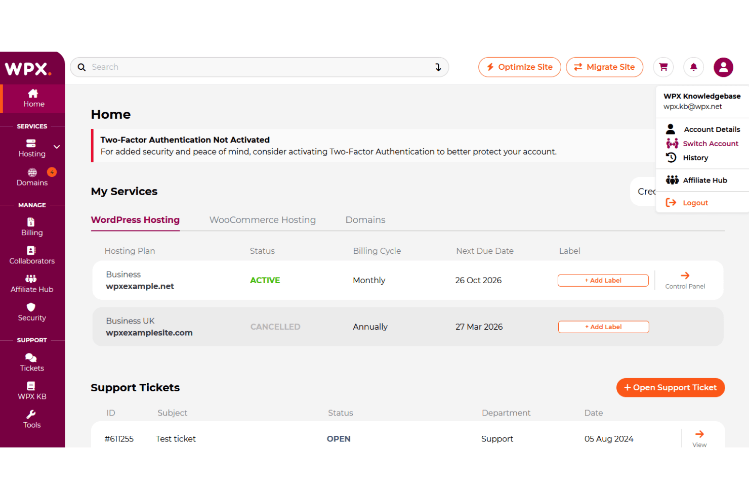 WPX Hosting screenshot