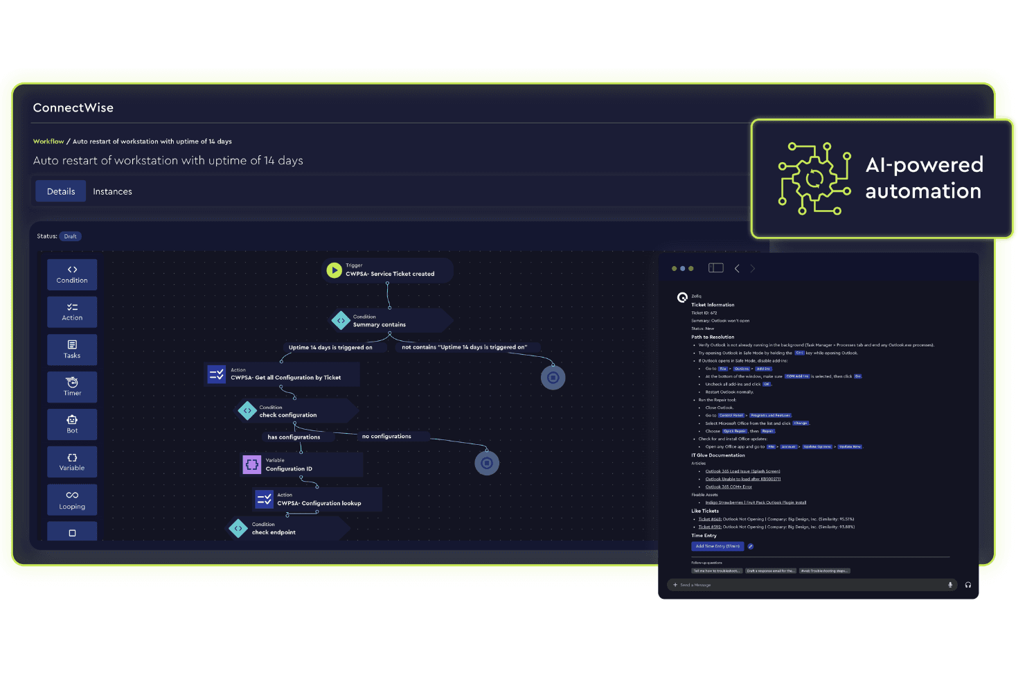 ConnectWise monitors devices remotely, automates fixes, and manages IT systems centrally.