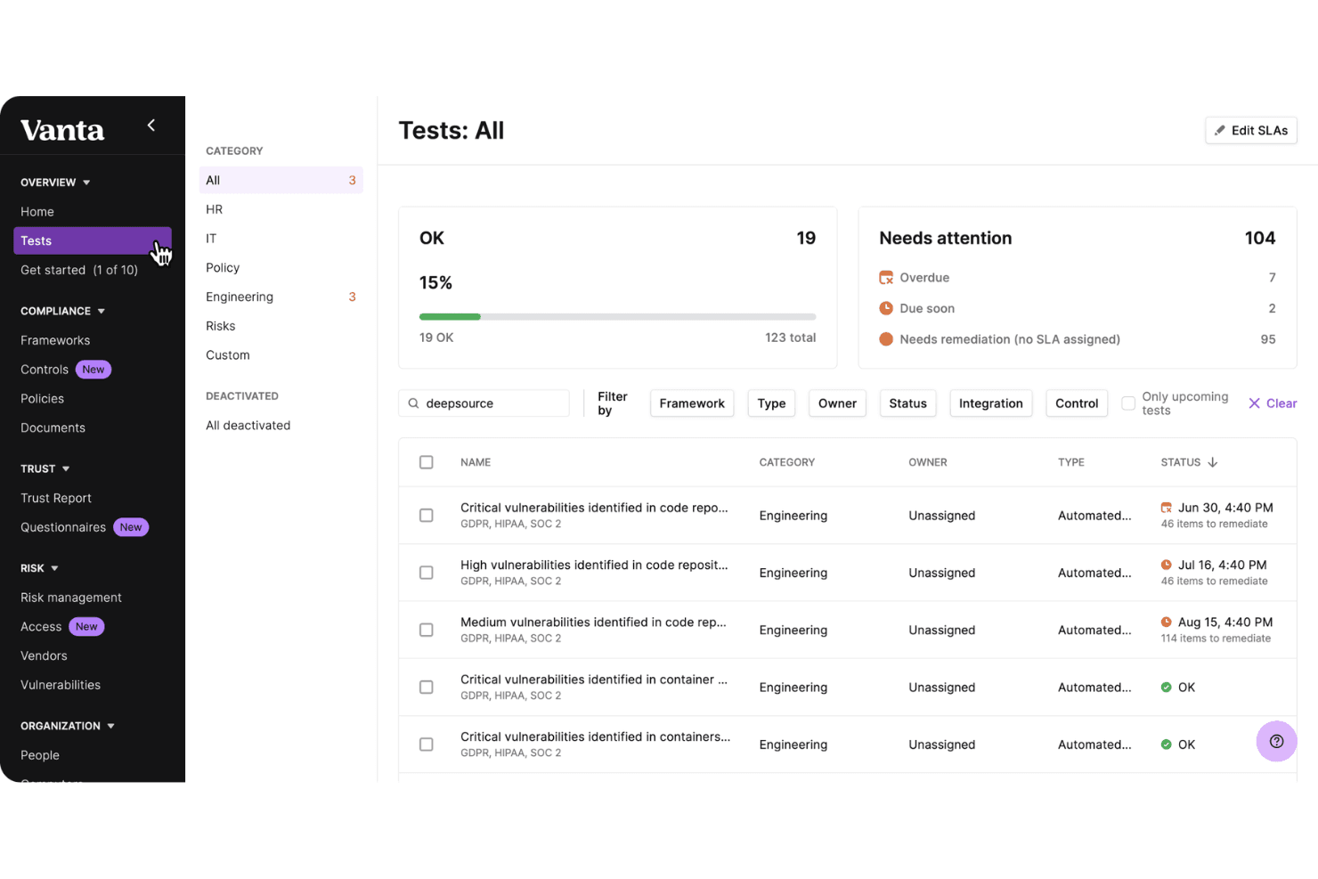 Vanta automates compliance monitoring, audits, and security workflows.