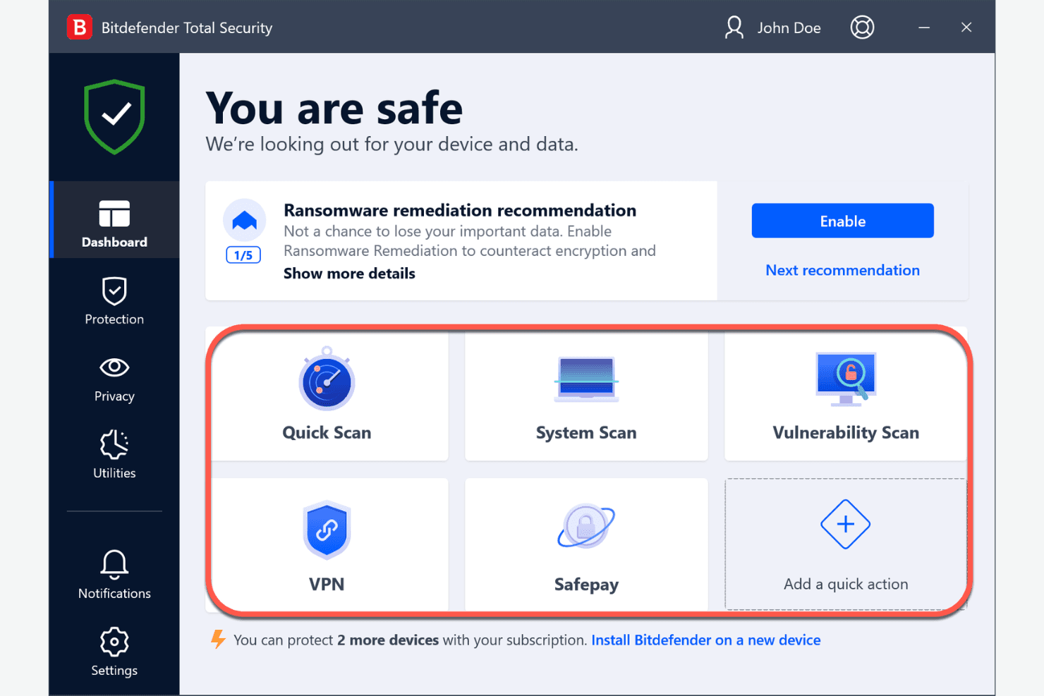 Bitdefender Total Security protects devices with antivirus, firewall, and privacy tools.