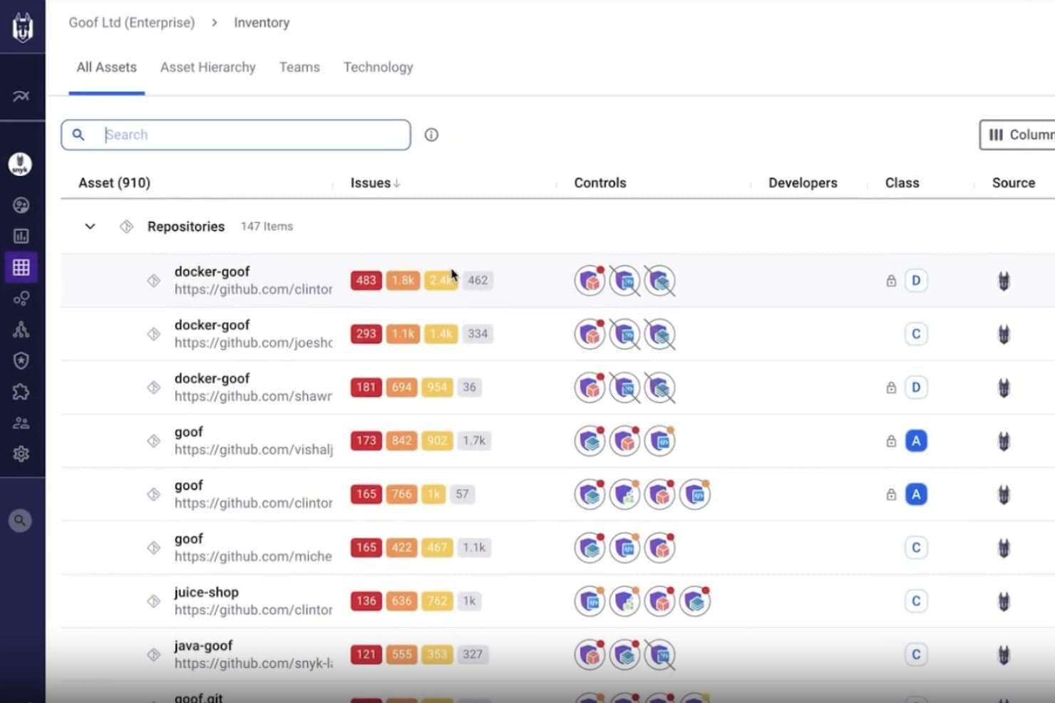 Snyk dashboard displaying repositories and vulnerability insights in one view.