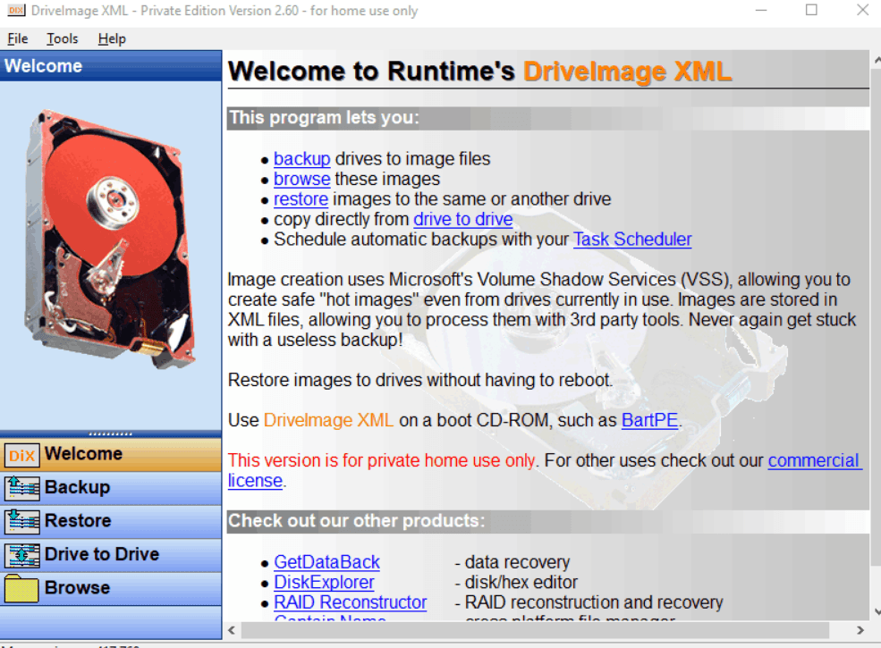 Creates and restores disk images for quick backup and recovery.