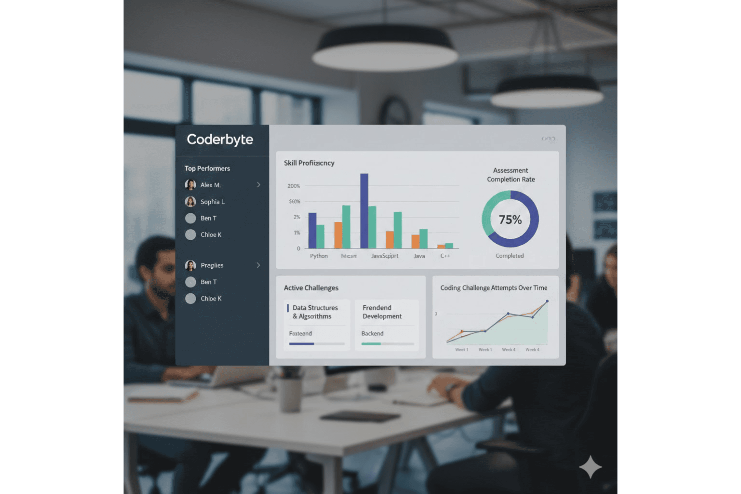 Coderbyte evaluates code quality through challenges, tests, and assessments.