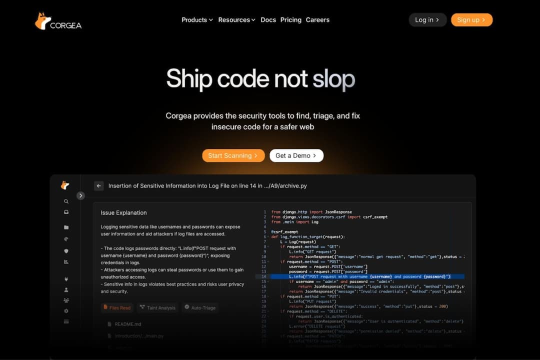 Corgea’s homepage highlights its platform for finding, triaging, and fixing insecure code.