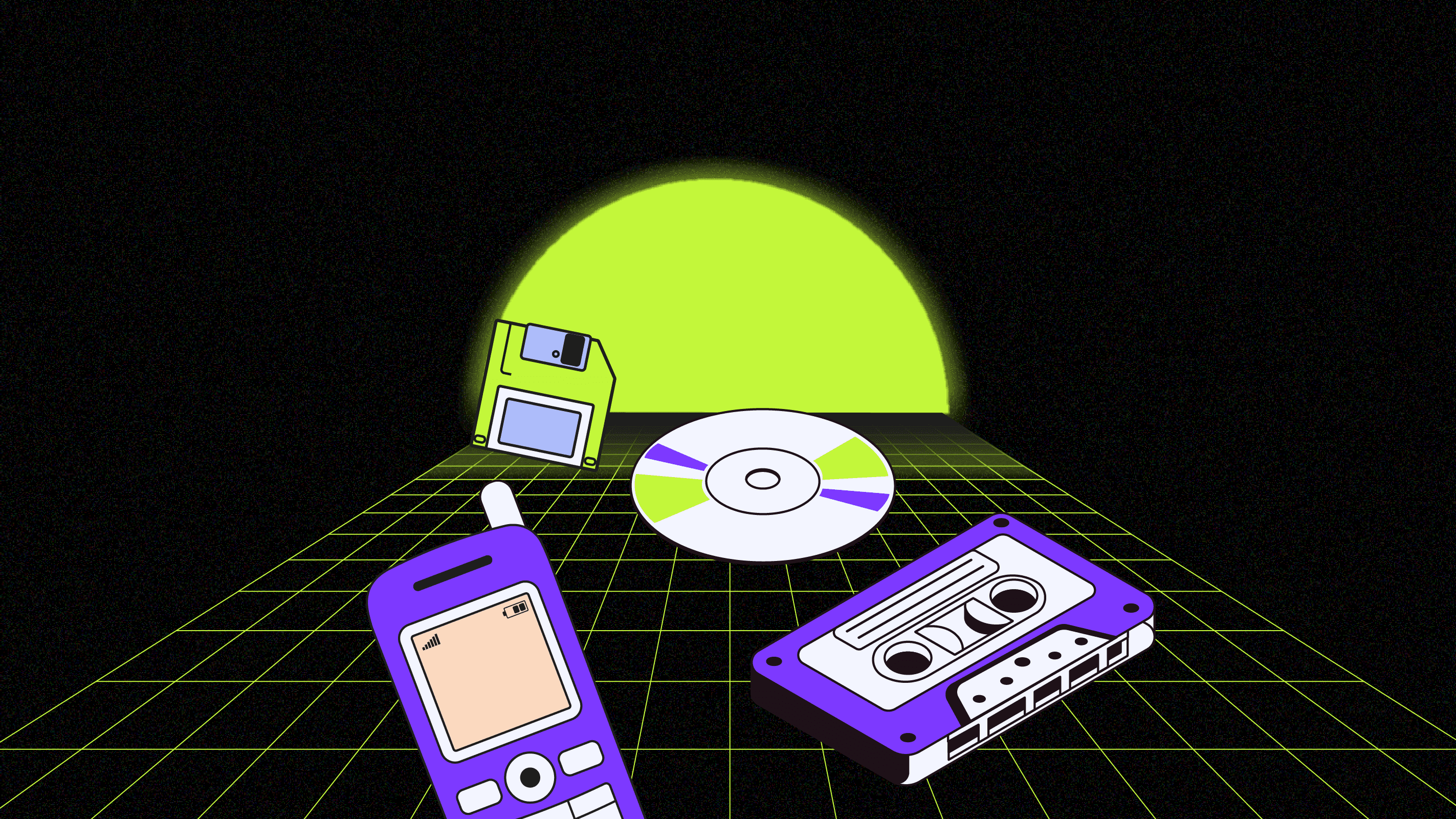 Eco-friendly background with discarded devices in purple and green hues. It Asset Disposition Featured Image