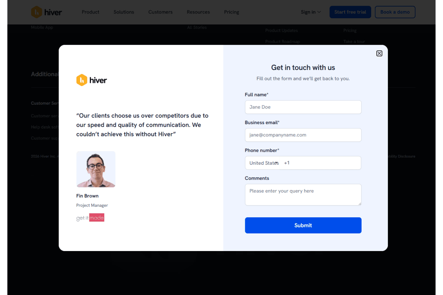 Hiver contact form modal with fields for name, email, phone, and comments alongside a customer quote.