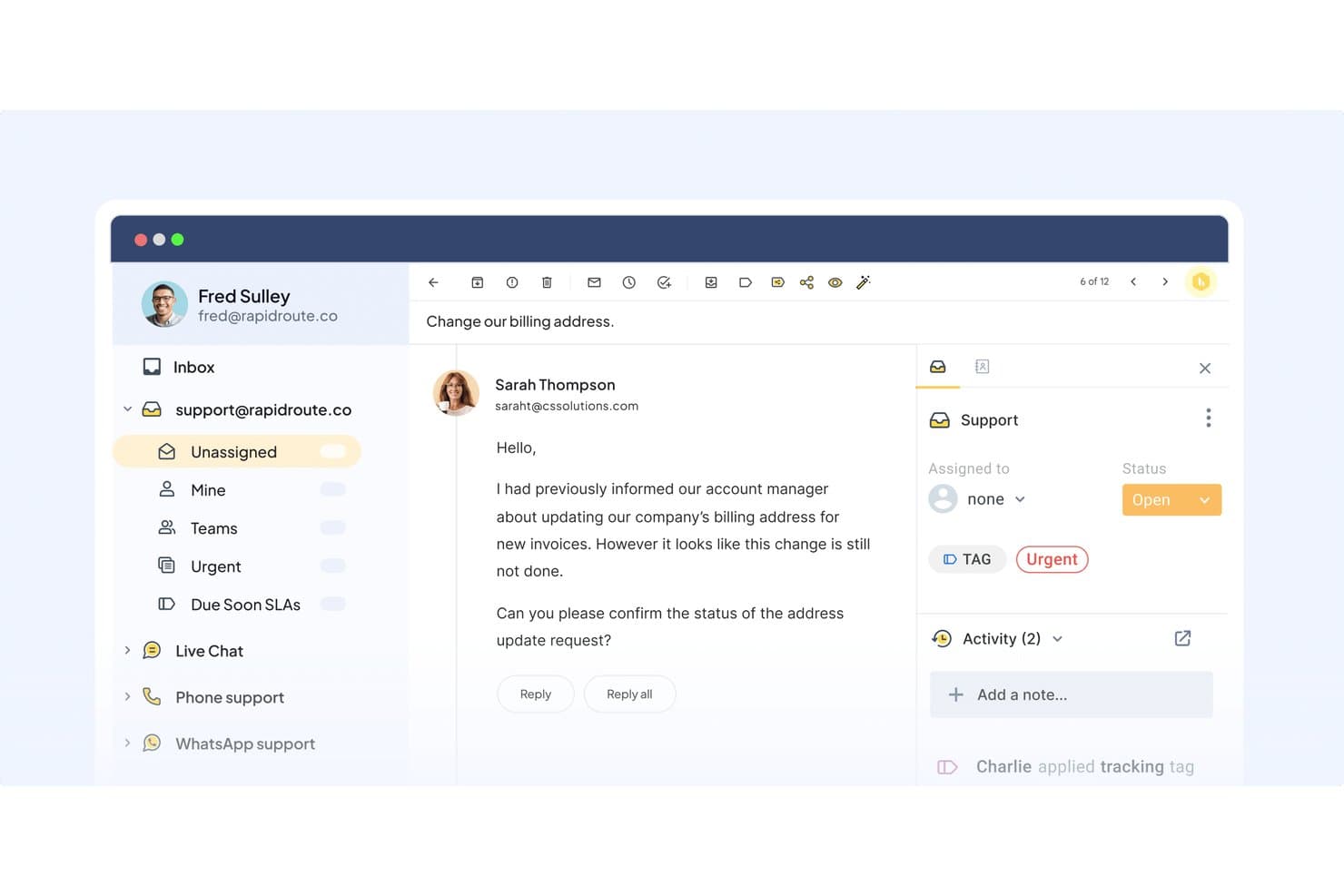 Hiver support inbox showing an open email ticket with assignment, status, and urgent tag panel.