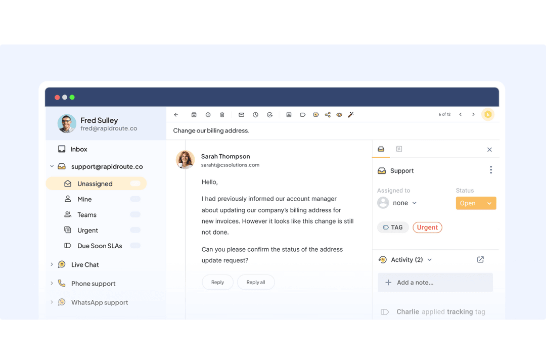 Hiver offers a shared inbox interface where support teams can manage, tag, and assign customer emails directly within a familiar email-like UI.