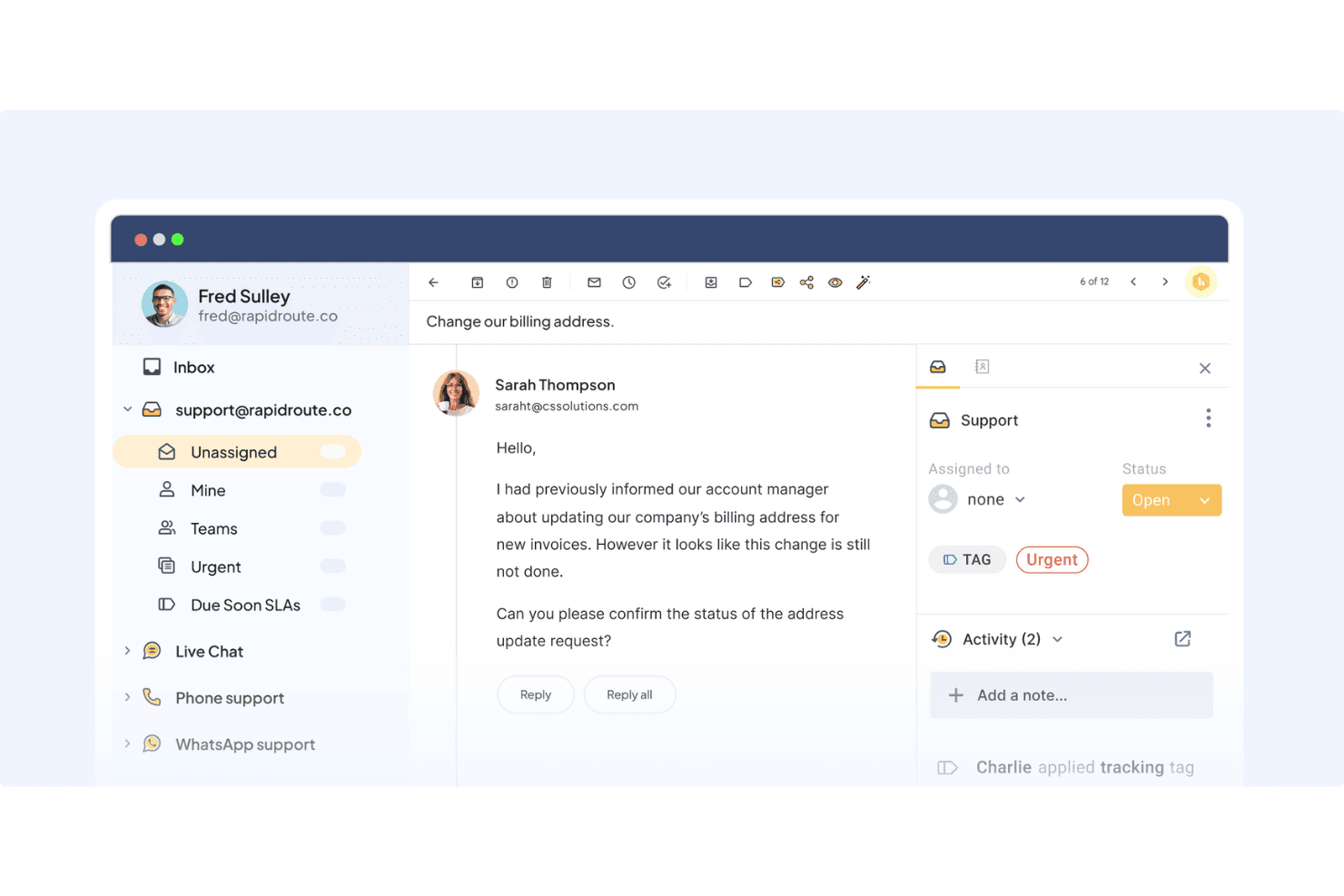 Hiver offers a shared inbox interface where support teams can manage, tag, and assign customer emails directly within a familiar email-like UI.
