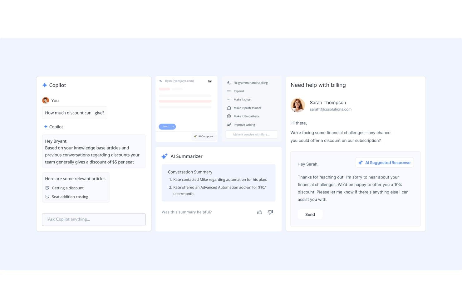 Hiver UI showing AI Copilot, AI Summarizer, AI Compose tools, and suggested reply panel