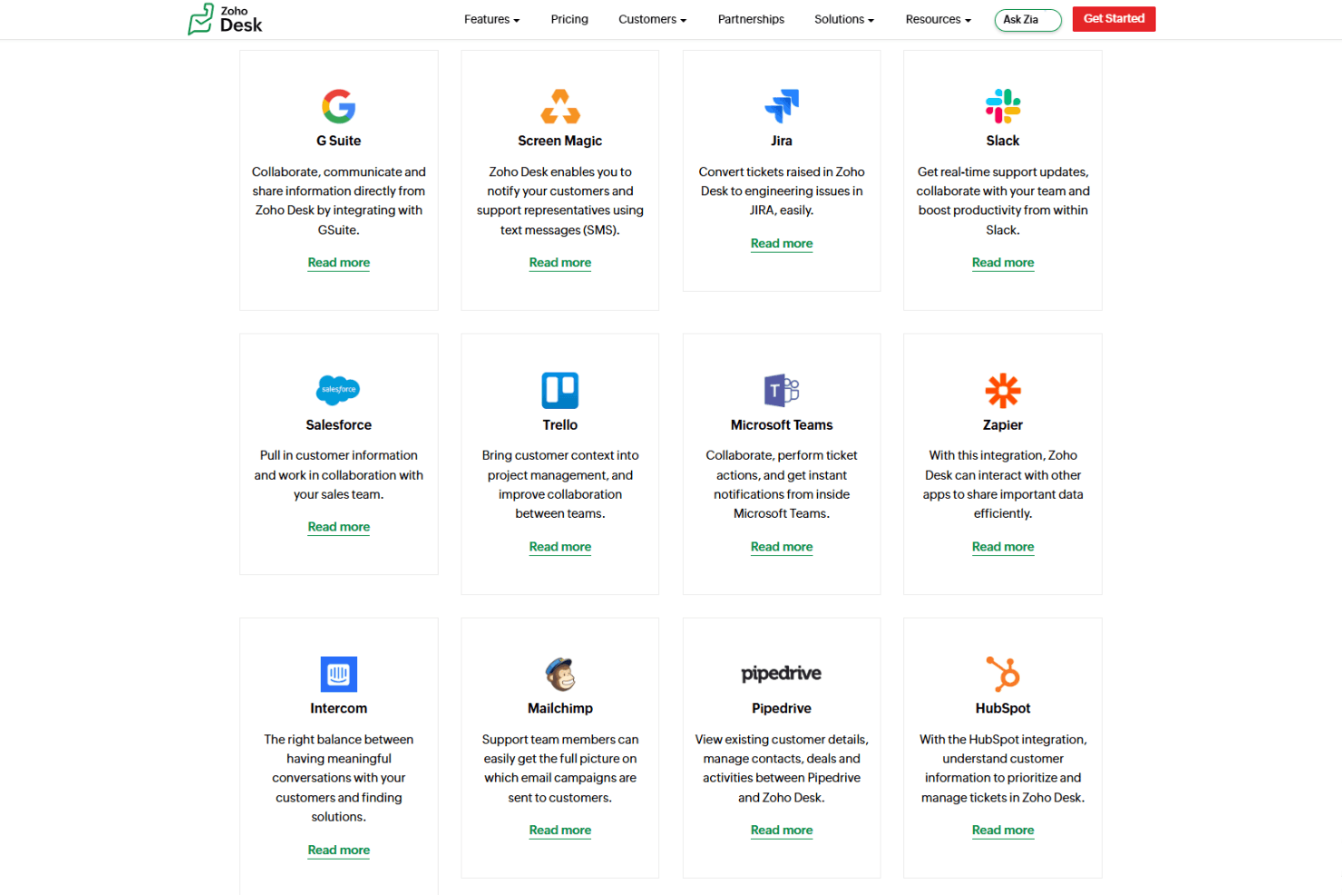 Zoho Desk integrations page
