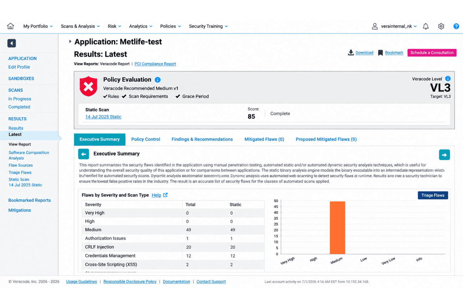 Veracode SAST with source code vulnerabilities and security findings.