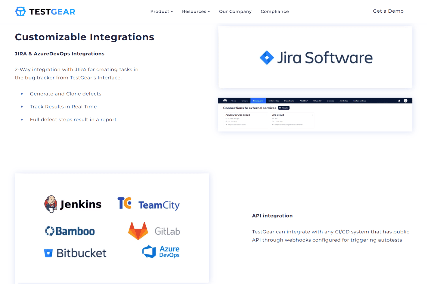 Integrations page showing connections to CI tools and API support