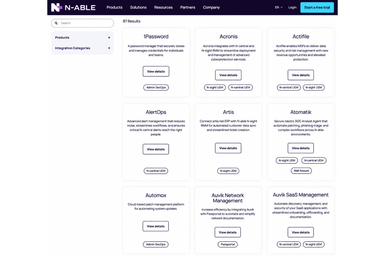 N-able integrations dashboard with APIs and connected tools.