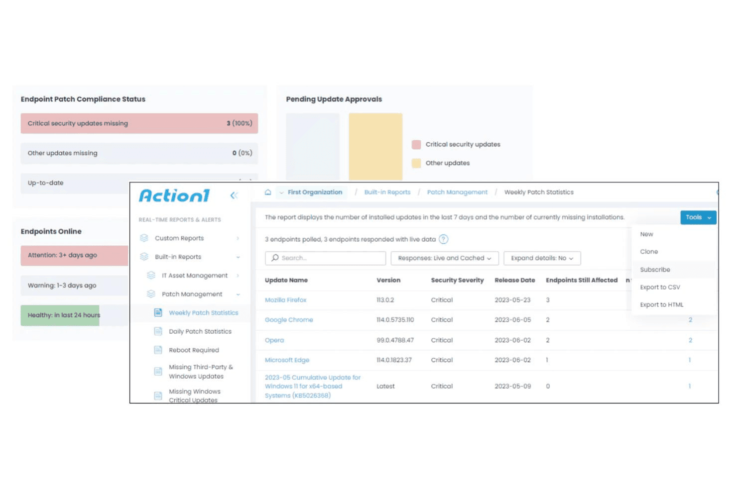 Action1 patch deployment dashboard with scheduled updates