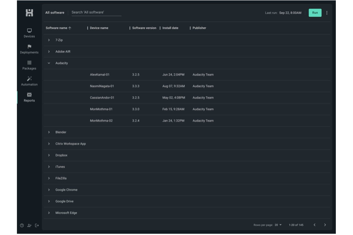 PDQ Connect software inventory interface displaying installed applications, device names, versions, and publishers in a clean, easy-to-navigate dashboard.
