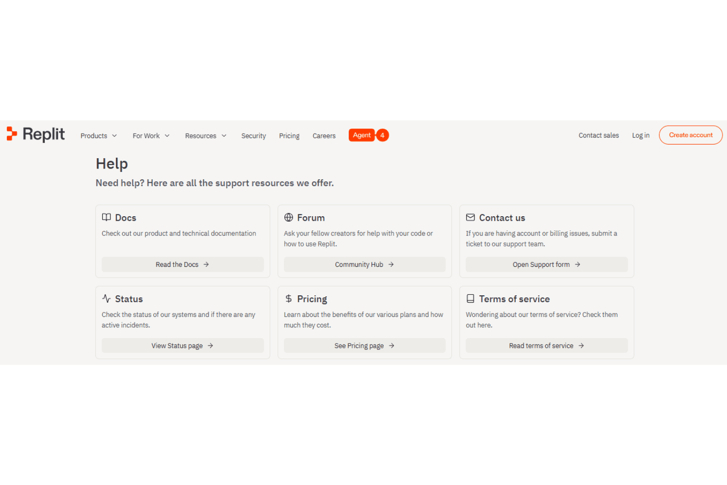 Replit customer support featuring help center documentation, ticket support, community forums, developer chat channels, troubleshooting resources, and AI development assistance.