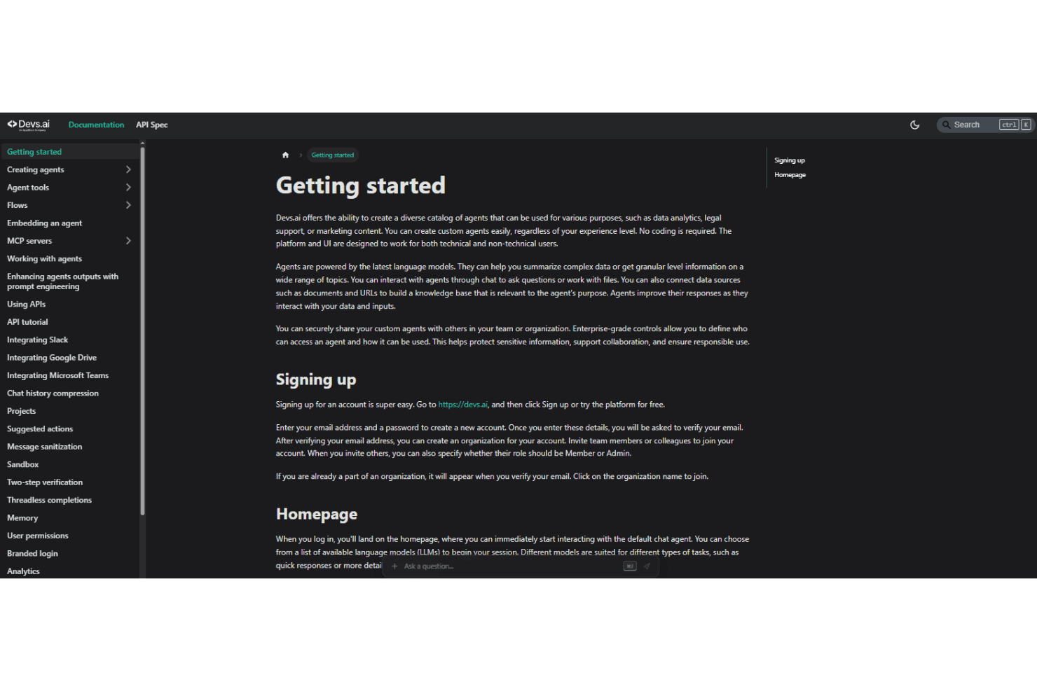 Devs.ai onboarding experience featuring self-service setup, App Builder, Agent Studio, AI readiness assessment, SSO/SCIM configuration, RBAC, Private AI Store deployment, and enterprise AI implementation.