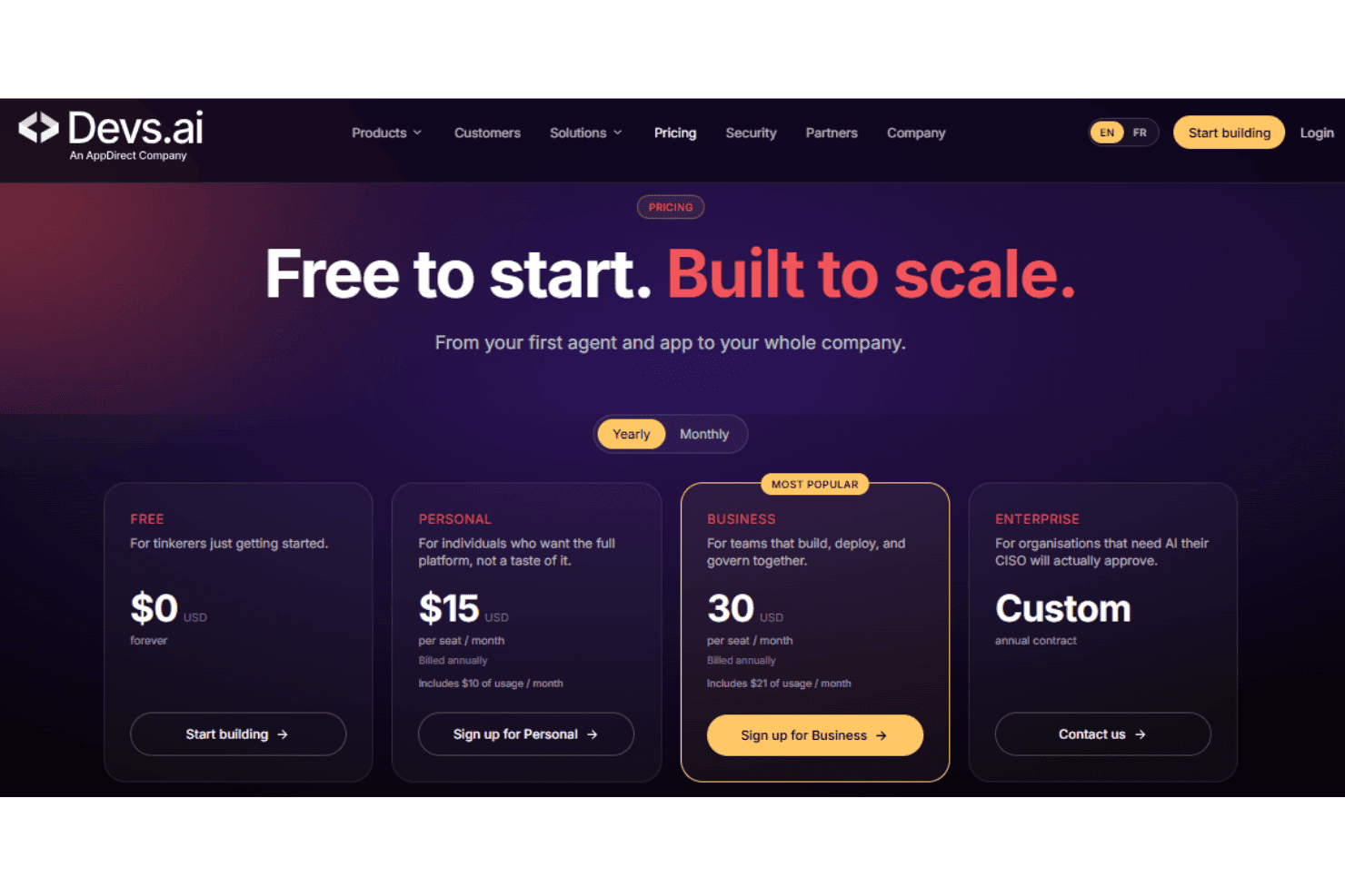 Devs.ai pricing plans featuring Free, Personal, Business, and Enterprise tiers with AI app building, agent creation, API access, team governance, SSO, white-label deployment, and enterprise security.