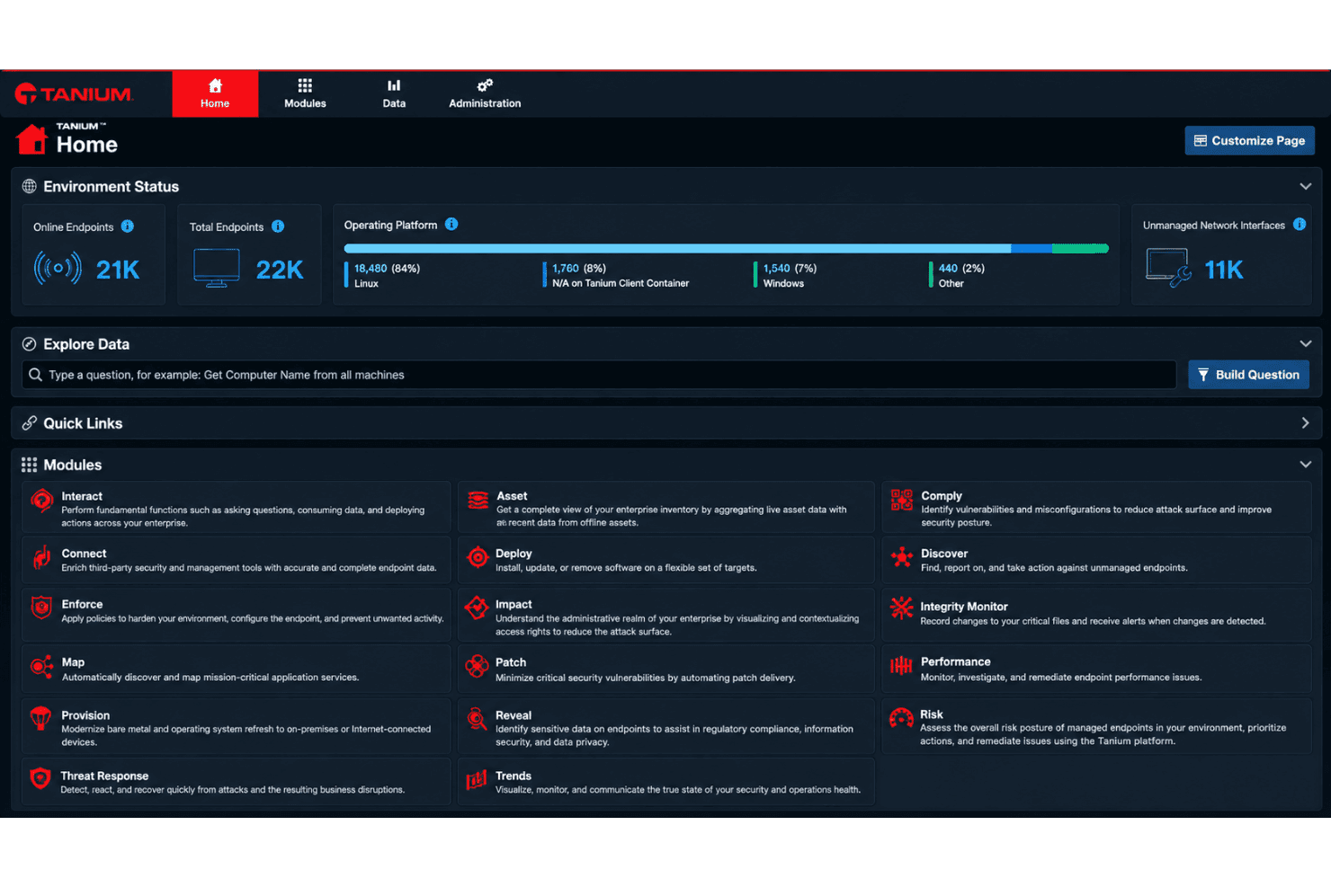 Tanium unified data platform dashboard for IT and security teams.