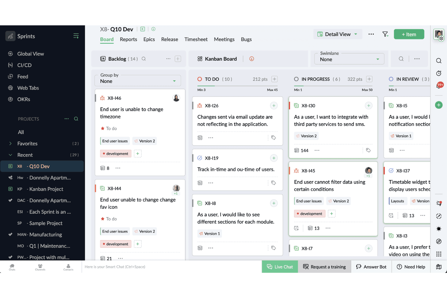 Zoho Sprints dashboard with backlog, sprint, and Scrum boards.