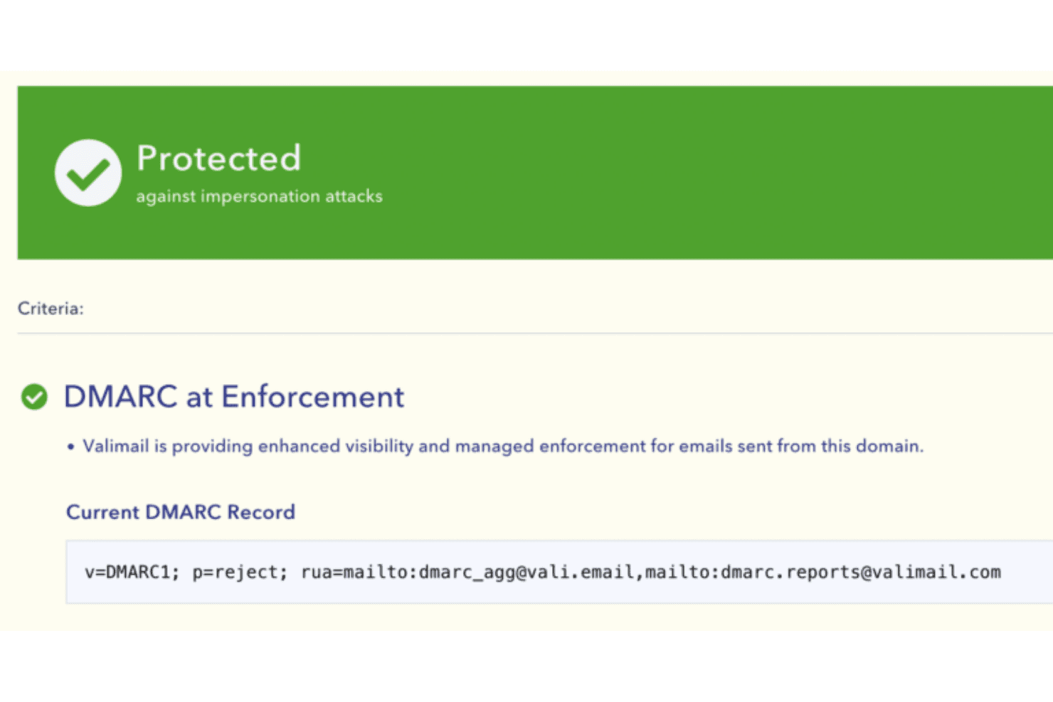 Green 'Protected' banner with DMARC reject policy record displayed below.