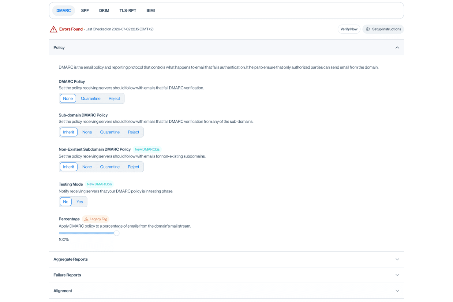 Sendmarc policy configuration panel showing policy, subdomain, and reporting options.