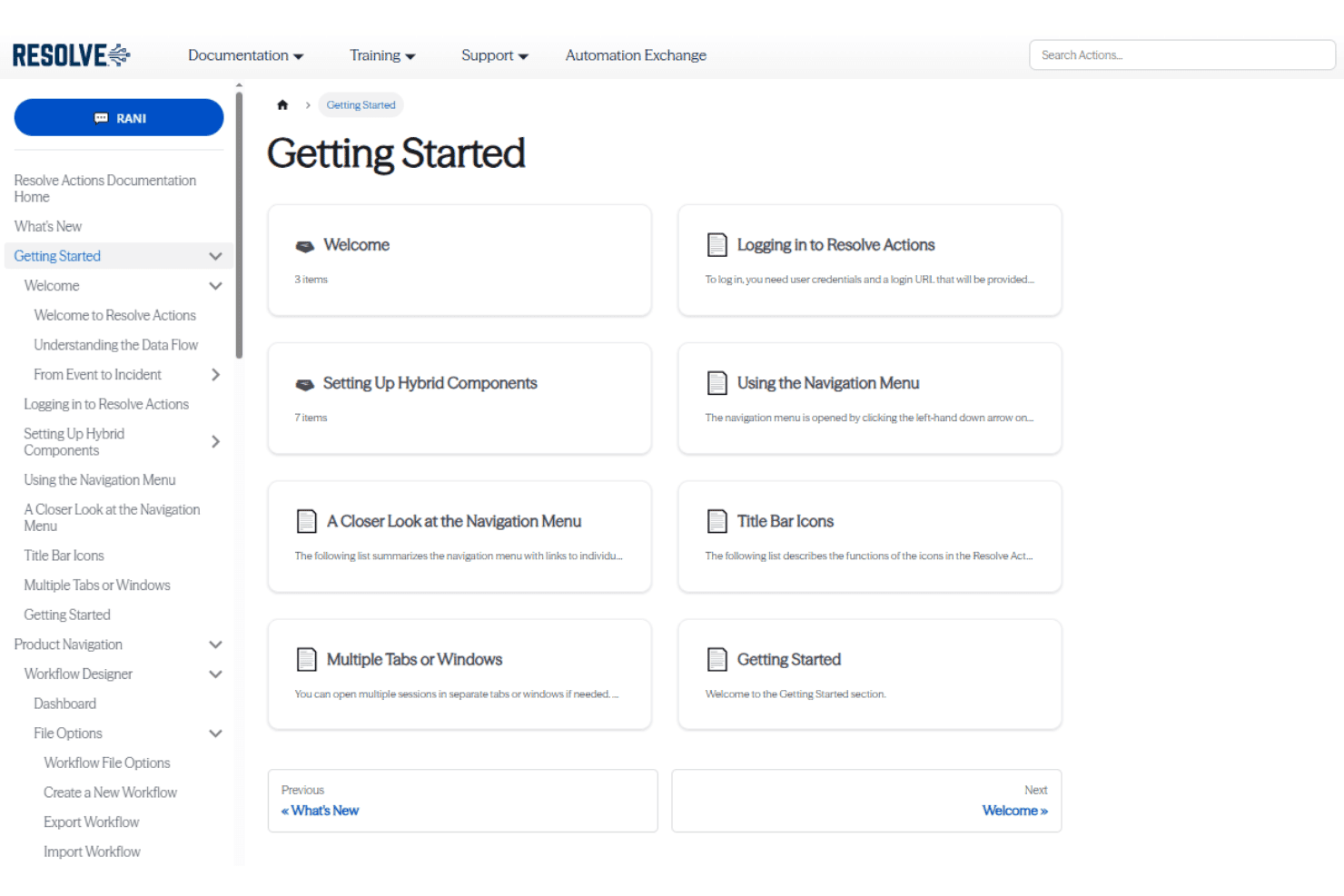 Resolve Getting Started documentation page with categorized onboarding topics.