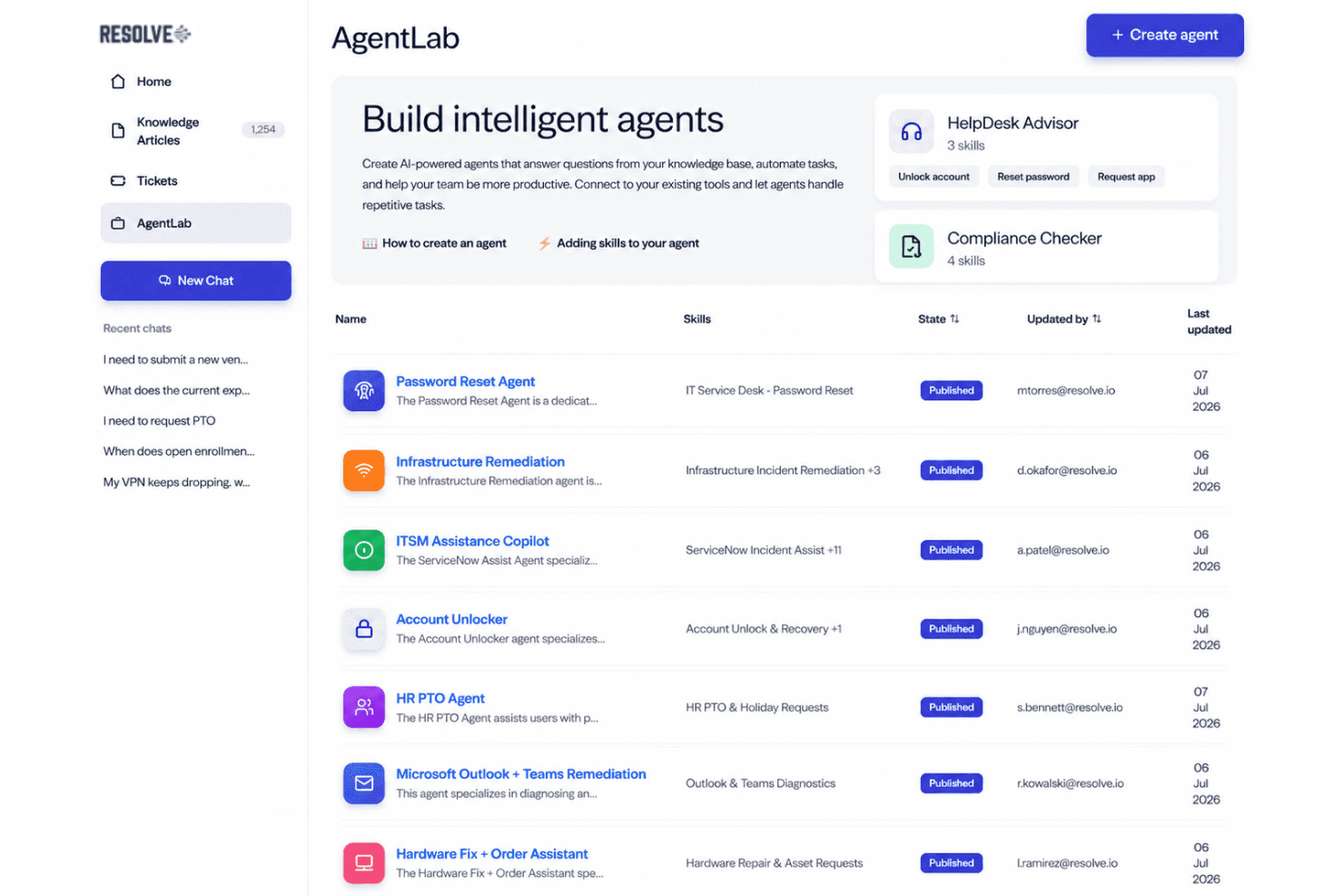 Resolve's AgentLab dashboard listing published AI agents with skills and update details.