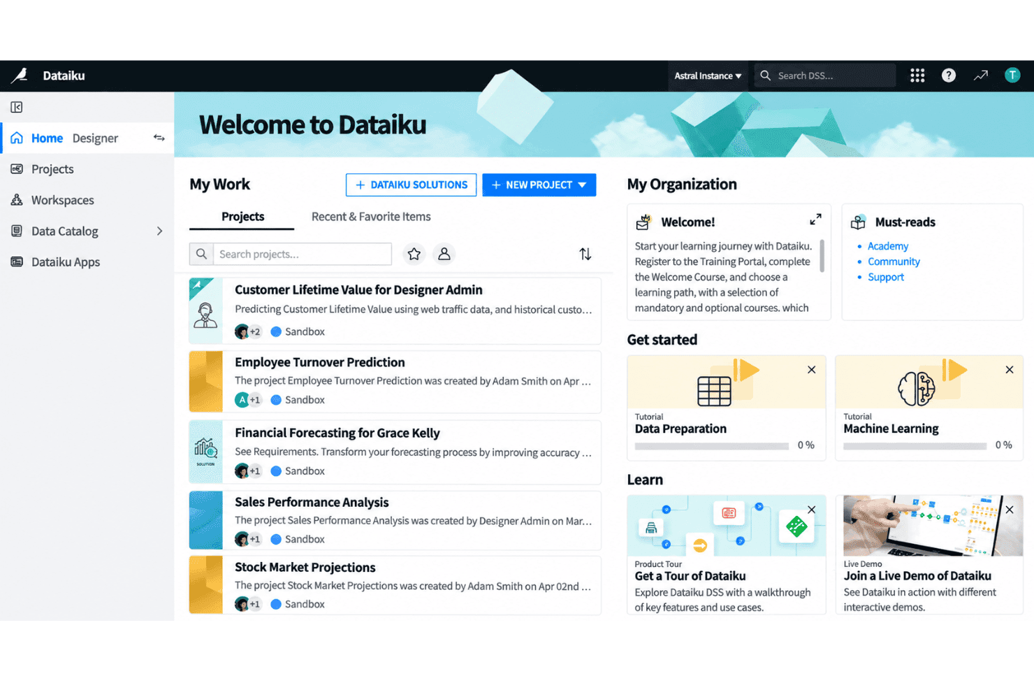 Dataiku interface with visual flows, data preparation, and modeling tools.