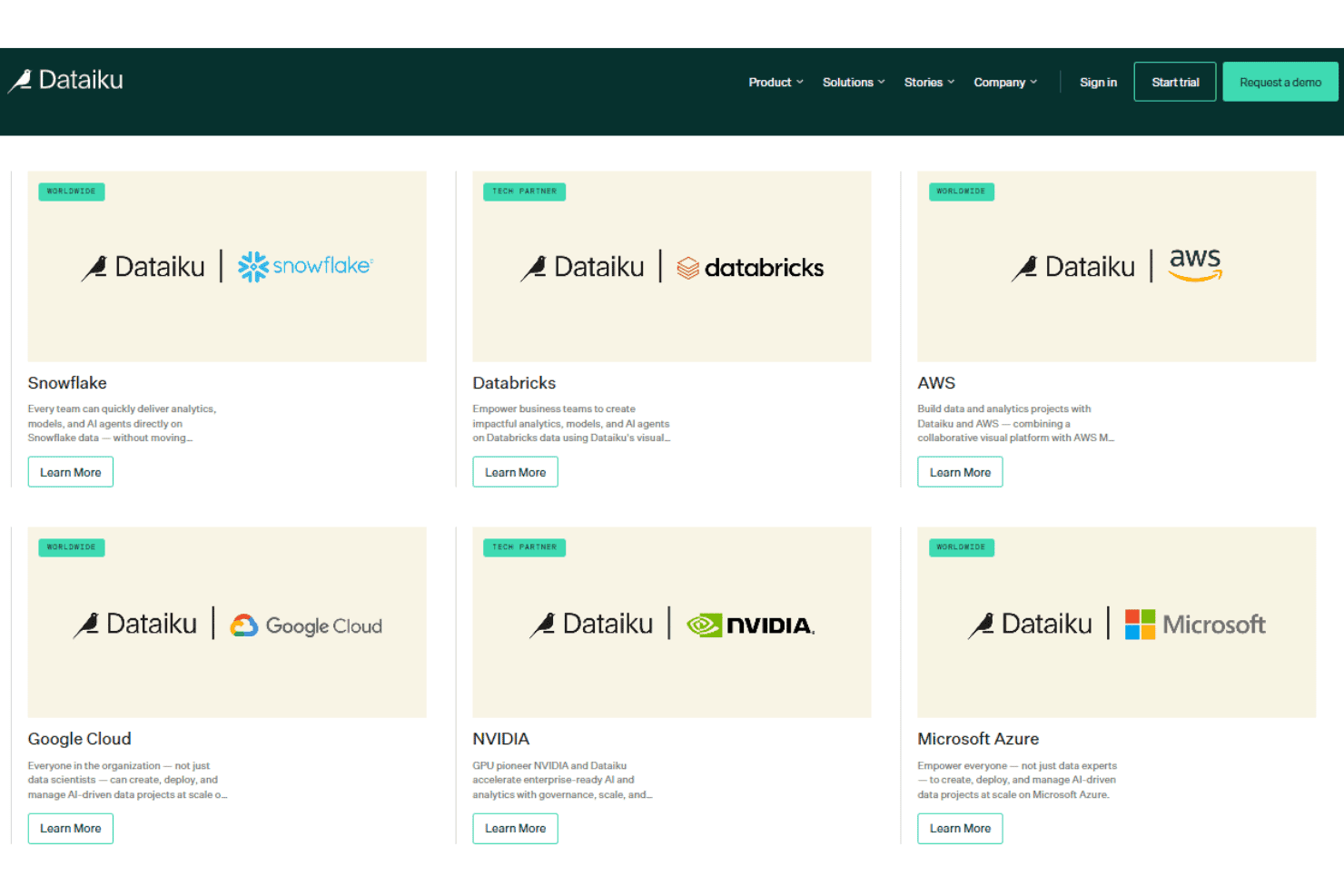 Dataiku integrations with Snowflake, BigQuery, Databricks, Azure, and AWS.
