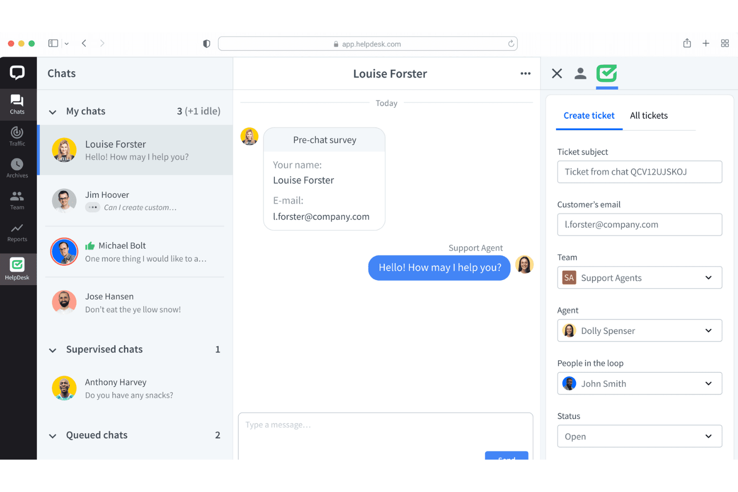 HelpDesk interface with shared tickets, AI tools, workflows, and team queues.