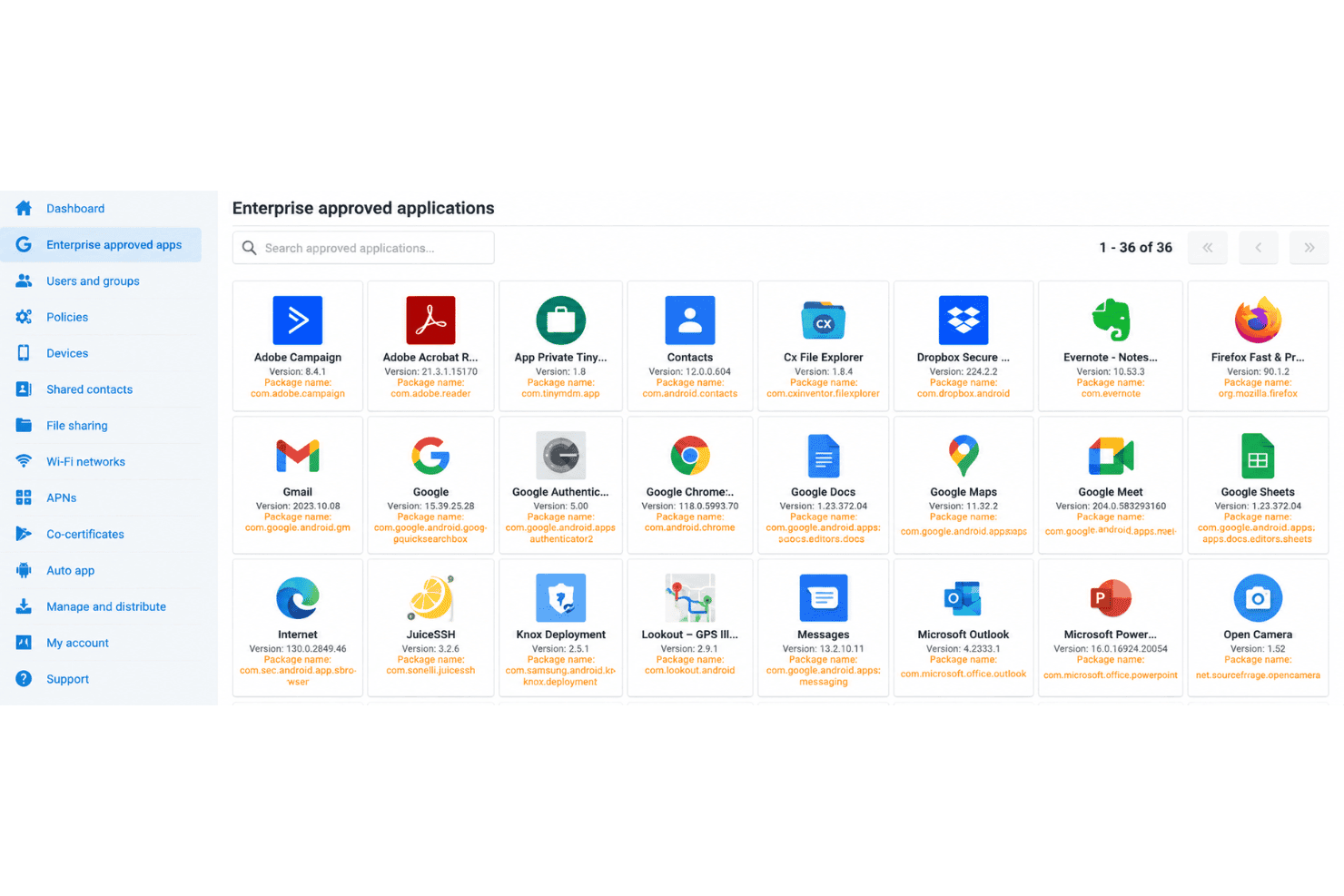TinyMDM application management with Android app deployment, updates, and permissions.