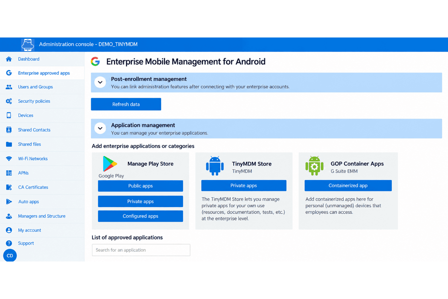 TinyMDM interface with Android device management, kiosk mode, app deployment, and security controls.