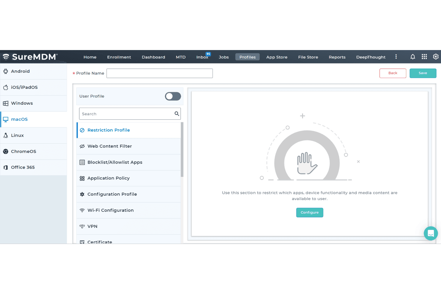 SureMDM security policies with device restrictions, network settings, remote lock, and wipe.