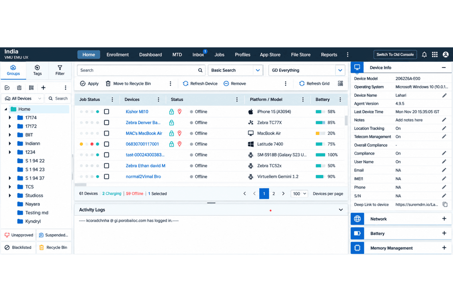 SureMDM interface with device management dashboard, enrollment, app deployment, and security controls.