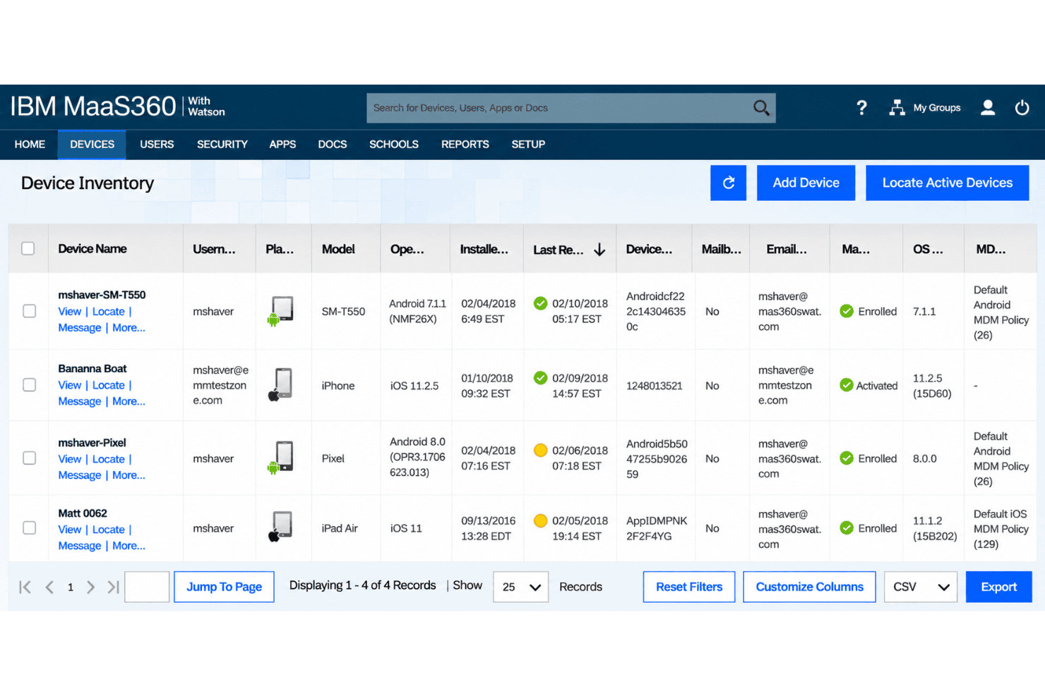 IBM MaaS360 cross-platform device management with centralized controls and device monitoring.