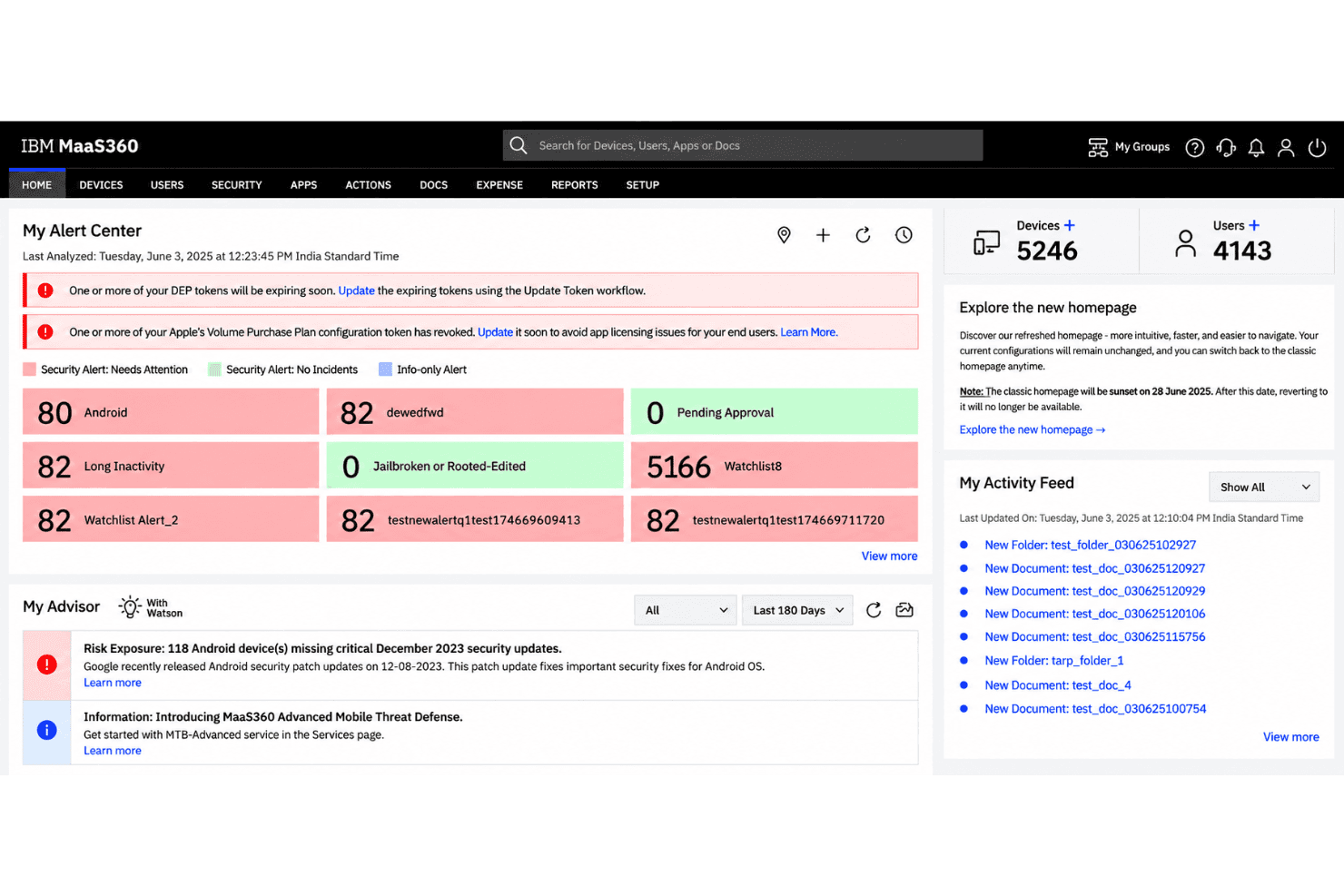 IBM MaaS360 interface with device management dashboard, policy configuration, and security controls.