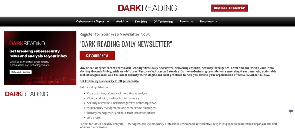 The subscription page of the Dark Reading newsletter
