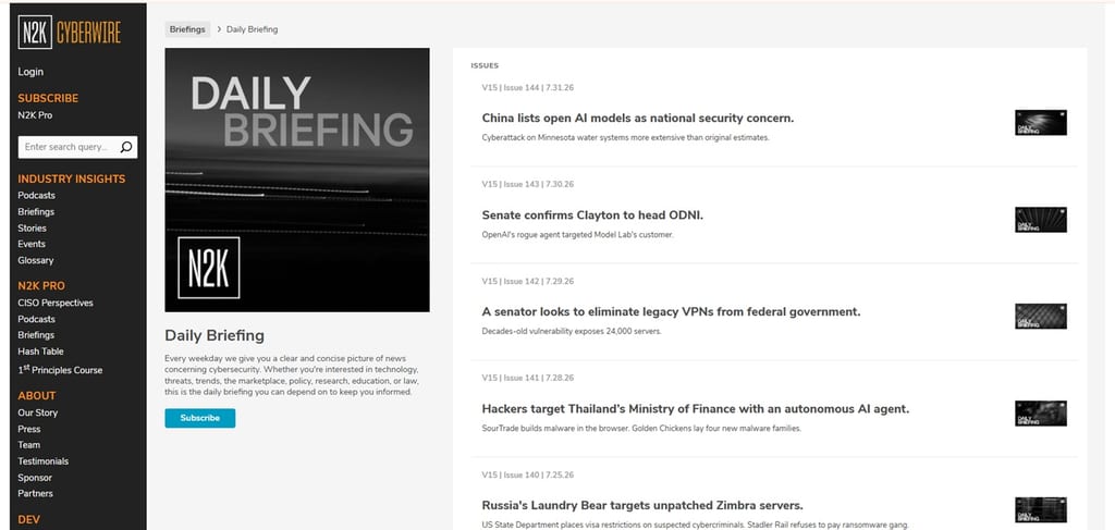 The landing page of the CyberWire Daily Briefing newsletter